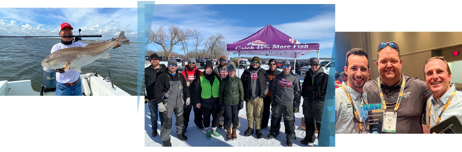 From Left to Right: Staff enjoying a day on the water. Winter Games in Spirit Lake, Iowa. 2022 ICast Awards- Best of Category Saltwater Rod.