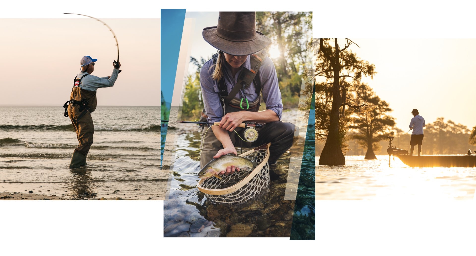 From Left to Right:  From Left to Right: Saltwater Angler Inshore fishing in the surf with PENN Rod and Reel.  Trout Angler holding small trout above net.  Bass fisherman on a bass boat at sunrise.