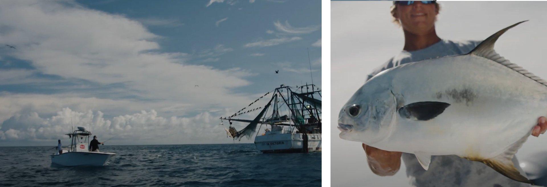 Left: Two anglers in Penn branded boat with larger vessel in front of them; Right: angler holding catch