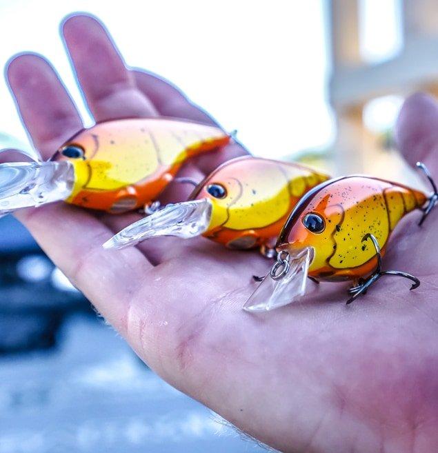 Three lures in the palm of a hand